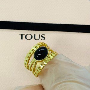TOUS Ring Silver Vermeil Straight Ring with oval Onyx with two strips of bears